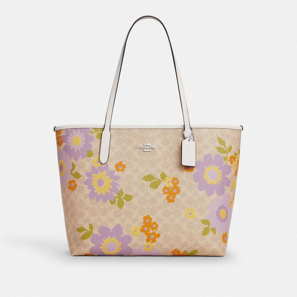 Coach Women's City Tote Bag In Signature Canvas With Floral Print Silver/Sand Multi